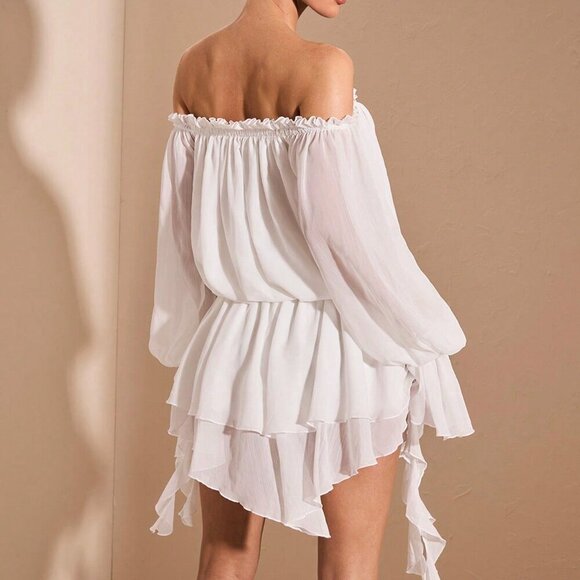 White Boho Women's Elegant French Style Off-Shoulder Long Sleeve Shirt Dress - Picture 2 of 9